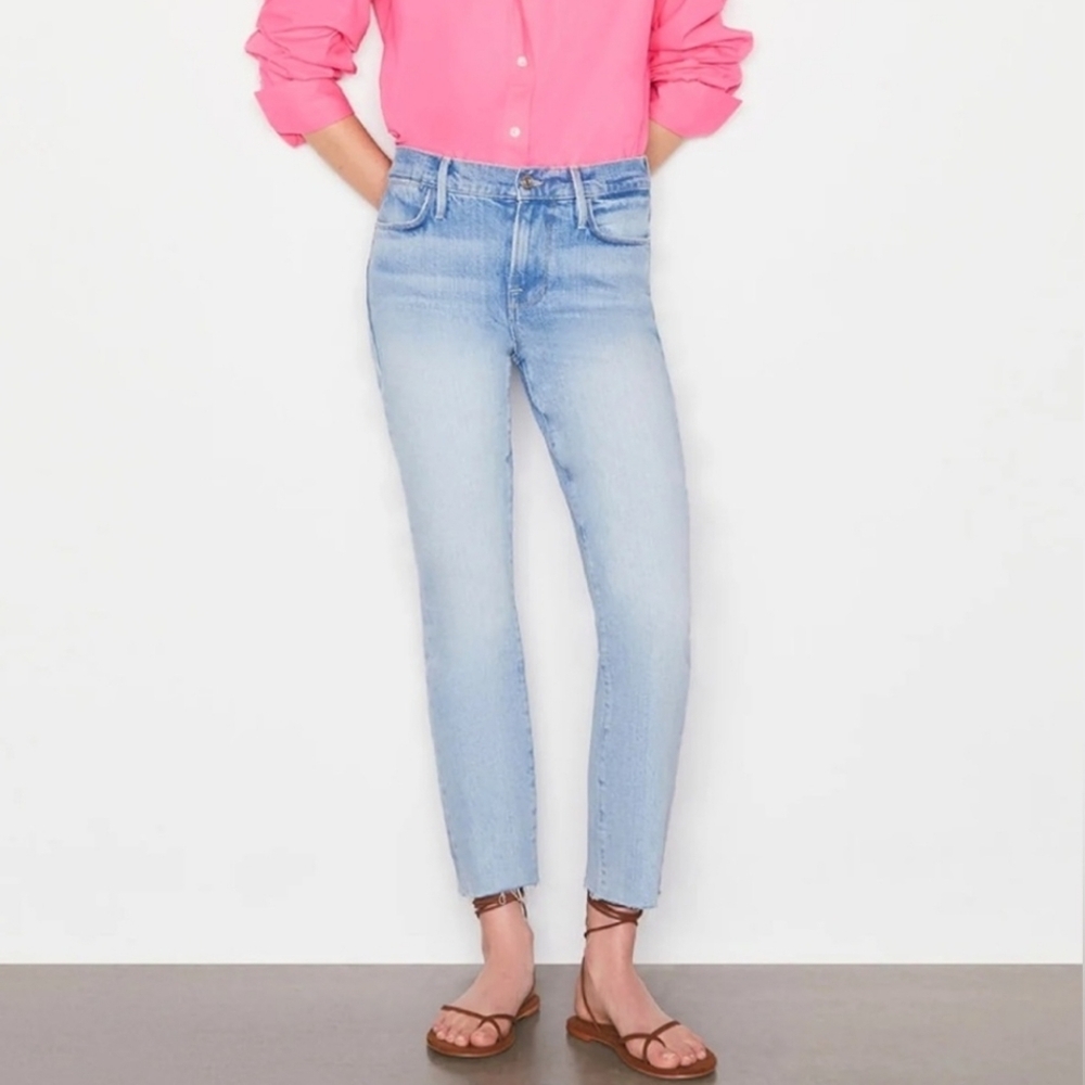 Frame Le High Straight Light Wash Denim Jeans Raw Hem 27